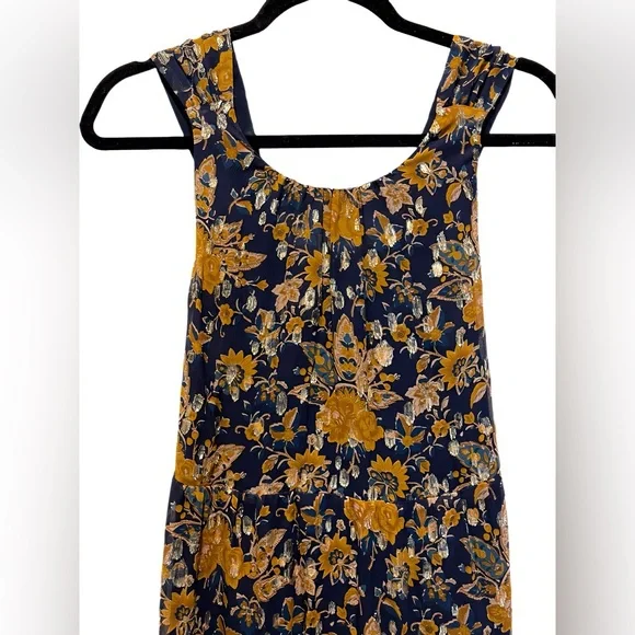 Sézane Titania Silk Maxi Dress Navy Gold Floral Open Back Size FR 34 / US 2 - Picture 7 of 13